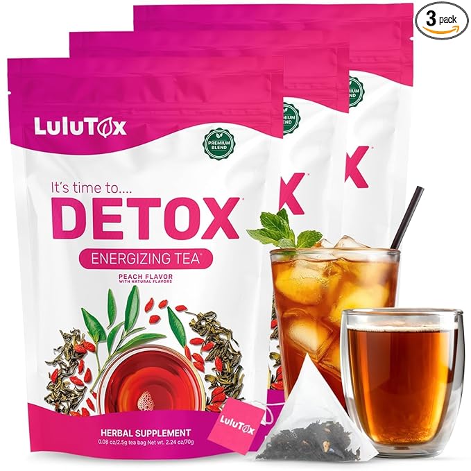 LULUTOX Detox Tea - Herbal Blend with Dandelion Ginseng and Ginger - Supports A Healthy Weight Digestive Health - Vegan All Natural Laxative-Free - Peach Flavor (3 Pack x 28 Servings)
