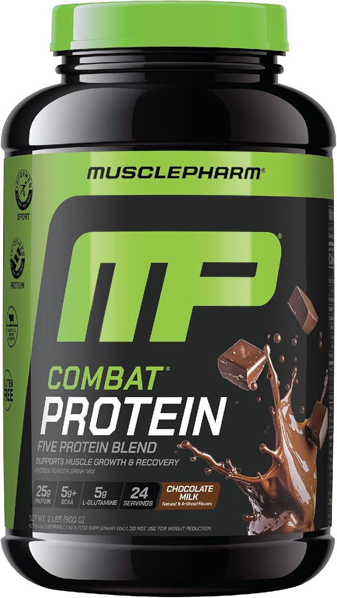 Muscle Pharm Combat Protein Powder Chocolate Milk Flavor Fuels Muscles for Productive Workouts 5 Protein Sources Including Whey Protein Isolate &amp Egg Albumin Gluten Free 2 lb 24 Servings