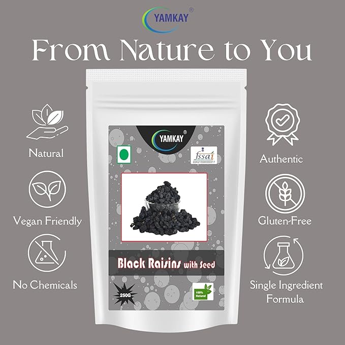 Yamkay Black Raisins with Seed Kali Kishmish with Seeds Kishmish Dry Fruits Delicious &amp Healthy Snacks | Currants | Munakka | Black Corinth or Zante currants | Sun Dried Grapes | Organic Dried Fru