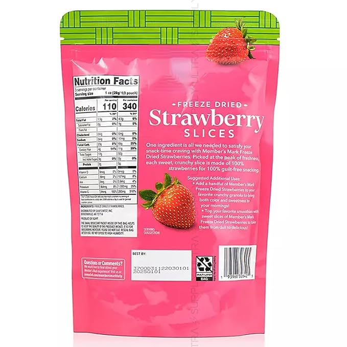 Members Mark Freeze-Dried Strawberry Slices – 100% Real Fruit No Sugar Added Light &amp Crispy Snack 3 oz
