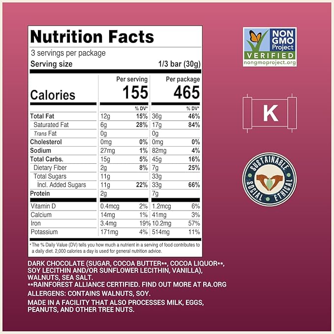 Chocolove Walnuts &amp Sea Salt Dark Chocolate Bars | 55% Cocoa | Crunchy Walnuts with a Salty Twist | Premium Dark Chocolate | Non-GMO Gluten-Free 3.2 oz Bar (12 Pack)