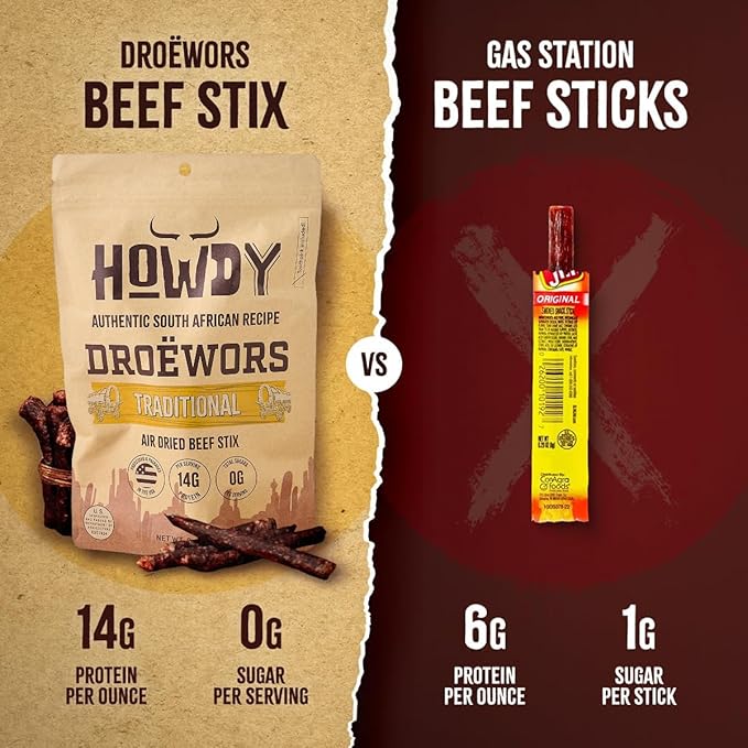 Howdysnax Handcraft Authentic Small Batch Droëwors Beef Sticks Sugar Free Soy Free Paleo &amp Keto Friendly Snack (Two 8oz Packs)