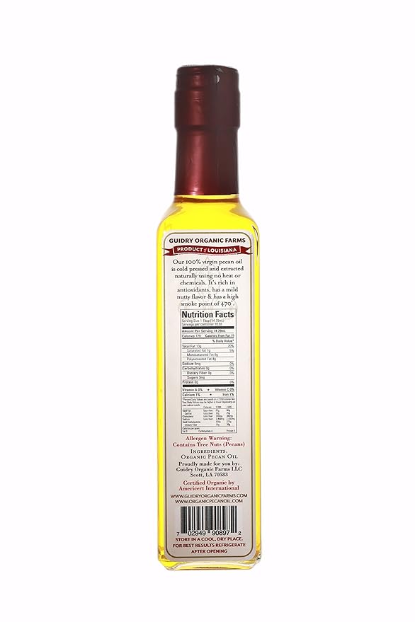 Guidry Organic Farms - Pecan Oil (8.5oz/250mL) USDA Certified Organic Pecan Oil Keto FriendlyFor CookingSalads Cold-PressedHighest Smoke Point of 470.Hand Made with Love