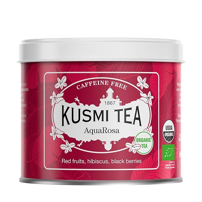 Kusmi Tea - AquaRosa - Organic Herbal Tea with Hibiscus &amp Berries - Caffeine Free Herbal Tea - Enjoy Hot or Iced - Loose Leaves - Tin Box of 3.5 oz - Quantity for about 50 cups