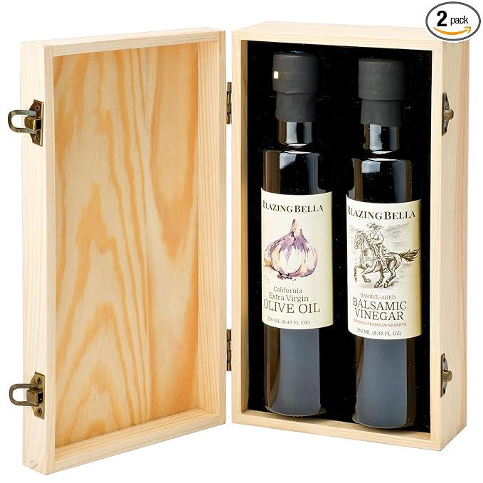 Blazing Bella Olive Oil and Balsamic Vinegar Gift Set – Traditional Aged Balsamic Vinegar &amp Garlic Infused Extra Virgin Olive Oil (2 x 250ml) – Gourmet Gift Set in Signature Wooden Box
