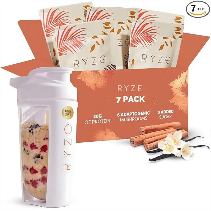 RYZE SUPERFOODS Mushroom Protein Overnight Oats Oatmeal with 6 Adaptogenic Mushrooms and 20g Grass-Fed Whey Protein &amp Chia Seeds Lions Mane Turkey Tail Shiitake Reishi Healthy Breakfast 7 s