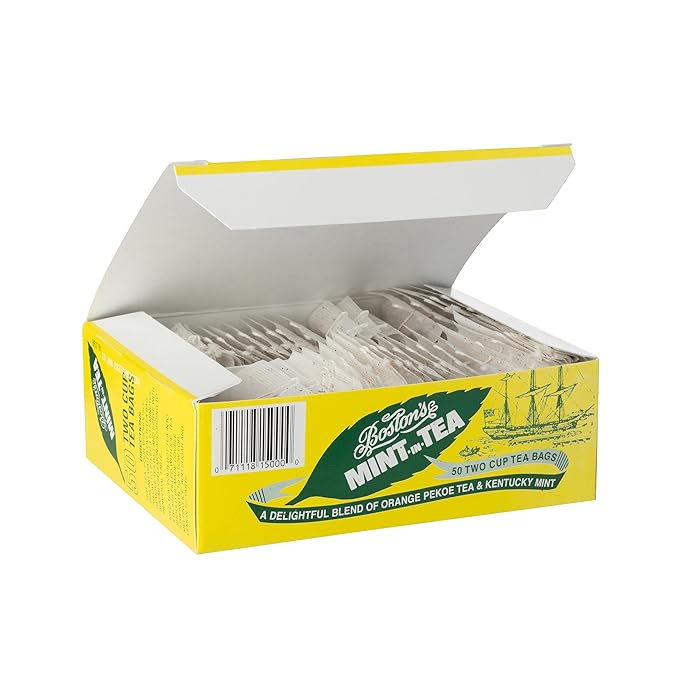 Boston's Mint-in-Tea 50 Two Cup Tea Bags (Pack of 4 Boxes) Individually Wrapped Tea Bags of a Blend of Orange Pekoe Tea and Kentucky Spearmint Delicious Hot or Iced Sweetened or Unsweetened