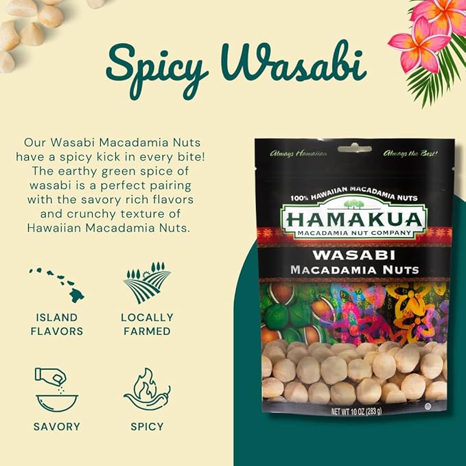 Hamakua Macadamia Nuts - Spicy Wasabi - Hawaiian Grown Flavored Dry Roasted Half and Whole Macadamias - Natural Eco-Friendly Large Macadamia Nuts