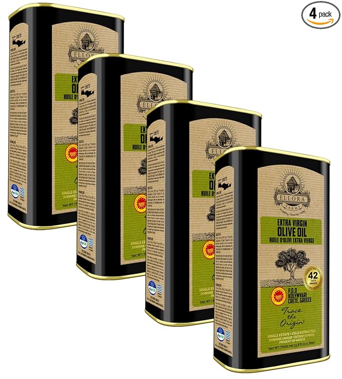 Ellora Farms Single Estate PDO Greek Extra Virgin Olive Oil Cold Pressed &amp Traceable Olive Oil Kosher 1 Lt Tin (33.8 oz.) Pack of 4