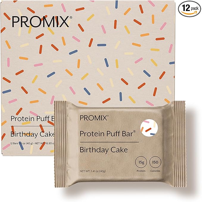 ProMix Nutrition Protein Puff Bars - Birthday Cake - Marshmallow Crispy Treat - Great Tasting &amp Healthy On The Go Snack - High Protein &amp Low Calorie - Free From Gluten Soy &amp Corn - 12 Ba