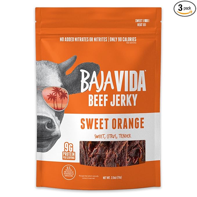 BAJA BEEF Baja Vida Sweet Orange Beef Jerky - Beef Jerky Snack Packs Healthy Jerky Gluten-Free All-Natural Beef No MSG Made in the USA - 2.5 Oz (Pack of 3)