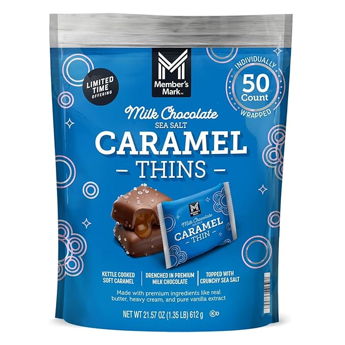 Member Marks Milk Chocolate Sea Salt Caramel Thins (50 Count) 21.57 Oz - 2 Pack - Creamy Milk Chocolate with Velvety Caramel Filling &amp Sea Salt - Individually Wrapped Gourmet Snacks