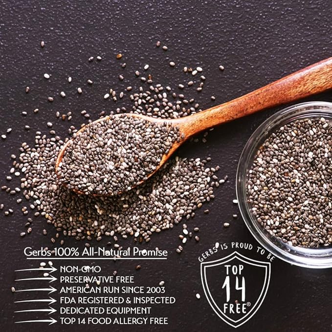 Gerbs Raw Black Chia Seeds 2 lbs. | Small-Batch Packed in Resealable Bag No Artificial Additives | Mildly Nutty Flavor Ideal for Yogurt Oatmeal &amp Baking | Top 14 Allergen-Free