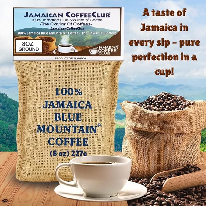 JamaicanCoffeeClub 100% Jamaican Blue Mountain Coffee Ground RG 8oz Fresh Roasted Beans Smooth Bold Flavor Premium Coffee from Jamaica Medium Grind Rich Taste Gourmet Blend