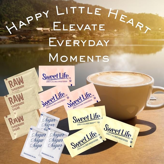 Happy Little Heart Sugar &amp Sweetener Assortment Packets - Sucralose Saccharin Brown Sugar Pure Cane Sugar &amp HLH Sip and Stir Coffee Stirrers (400 Pack) - Perfect for Home Office Coffee Sh