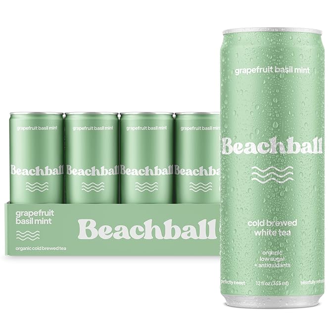 Beachball Organic Grapefruit Basil Mint Iced Tea – Low Sugar Low Calorie No Artificial Sweeteners Vitamin C 12-Pack 12oz Cans