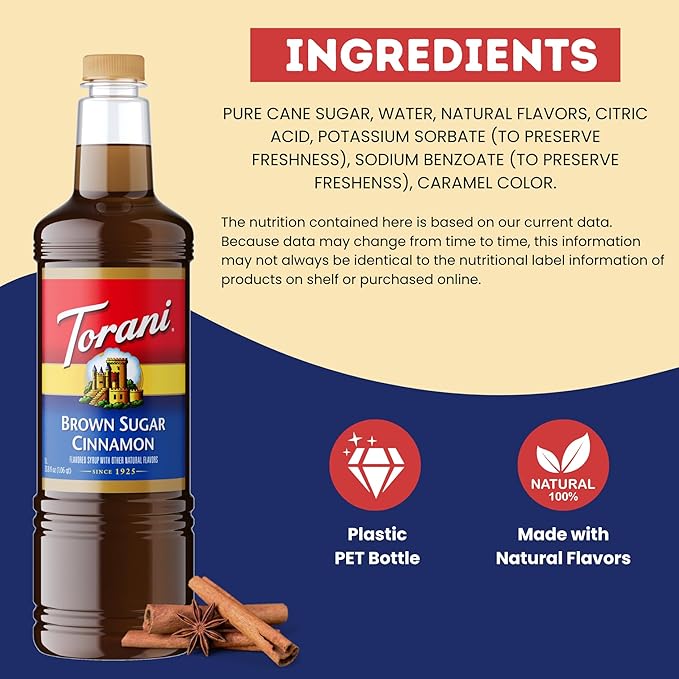 Torani Brown Sugar Cinnamon Syrup 1 Liter Bottle with Pump – Premium Coffee Flavoring Made with Pure Cane Sugar &amp Natural Flavors for Lattes Oatmeal Cocktails &amp Desserts – Café-Quality Sweet