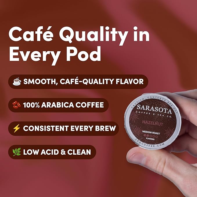 Sarasota K-Cup Coffee Pods | Medium Roast Flavored Coffee | Hazelnut | Single Serve for Keurig Brewers | Gourmet Low Acid Mold Free | 24 Count