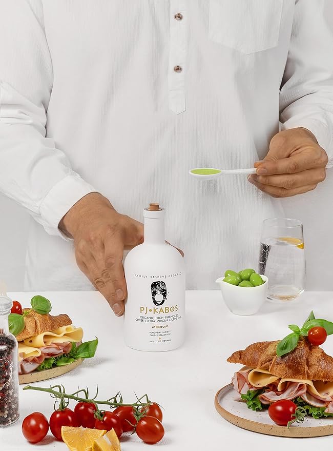 P.J. KABOS Fresh 2025/26 Harvest High Phenolic (400+ mg/kg) USDA Organic Greek Extra Virgin Olive Oil Kosher Greece Cold Extracted 16.9oz Glass Bottle “Family Reserve Organic - Medium”