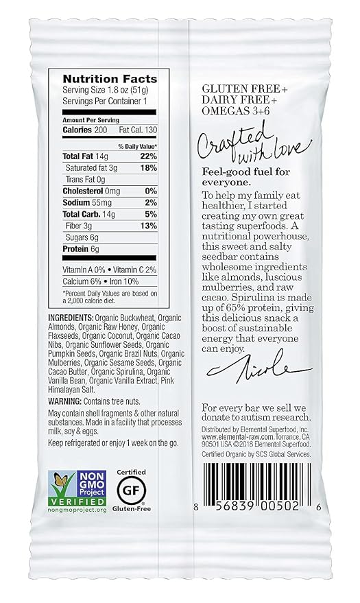 Elemental Superfood Seedbars Mulberry Cacao + Spirulina 1.8 Ounce - 12 Pack 100% Certified Organic Non-GMO Verified Gluten Free Dairy Free Plant Based