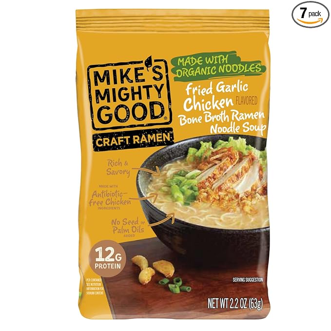 Mike’s Mighty Good Fried Garlic Chicken Ramen Noodles Bone Broth Pillow Pack (Pack of 7) – 12g Protein Healthy Instant Ramen – Organic Steamed Non-GMO Seed Oil-Free – Rich Antibiotic Free Chicken