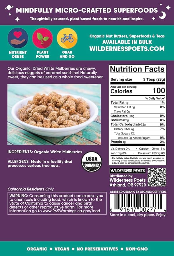 Wilderness Poets White Mulberries - Organic Raw Dried Mulberries - (32 Ounce - 2 Pound)