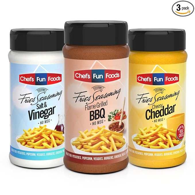 Chef's Fun Foods - Gourmet Food Seasonings | Kosher Food for Restaurants and Home Cooks |Salt &amp Vinegar Flame Grilled BBQ Cheesy Cheddar Combo