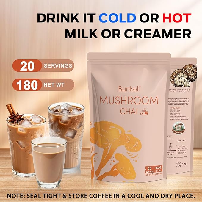 Bunkell Mushroom Chai Adaptogenic 6 Mushrooms with Lion's Mane Reishi Cordyceps Shiitake King Trumpet &amp Turkey Tail Chai Powder for Energy Focus Digestion &amp Immune Support 20 Servings