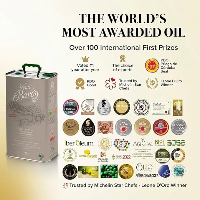Venta del Barón - Voted World's Best Olive Oil - Extra Virgin Cold Pressed - High in Polyphenols - 84.5 fl oz (2.5 ltr) Tin