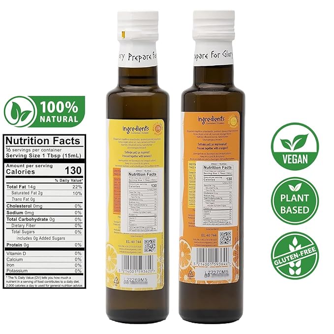 Pack of 2 Extra Virgin Flavored Olive Oil 1 Bottle Lemon Infused 1 Bottle Orange Infused EVOO Cold Pressed Polyphenol Rich EVOO Intense Flavor Olive Oil Extra Virgin from Laconia 2X250ml