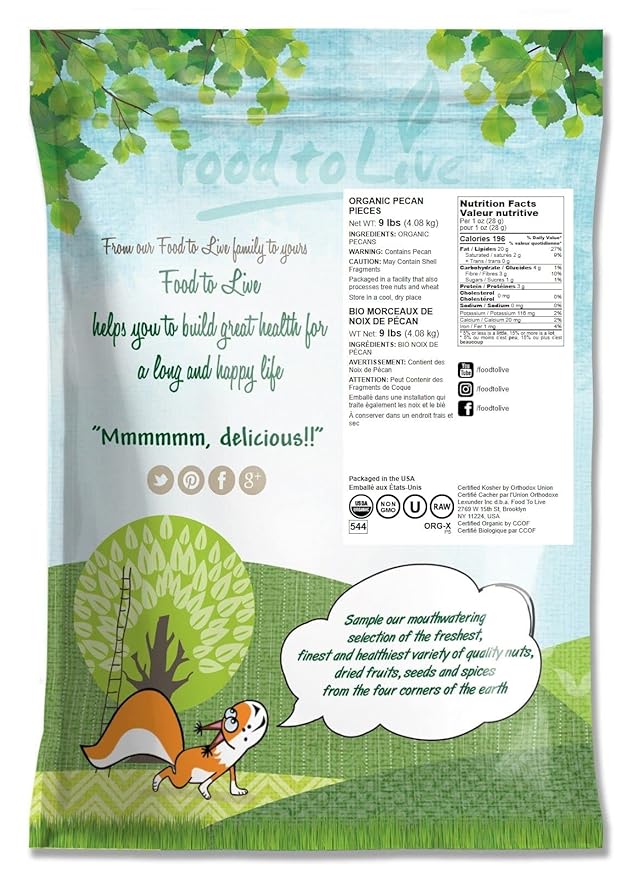 Food to Live Organic Pecan Pieces 9 Pounds – Raw Chopped Pecans Non-GMO Unsalted Unroasted Kosher Shelled Vegan Keto Sirtfood Bulk. Good Source of Iron and Calcium. Best for Baking.
