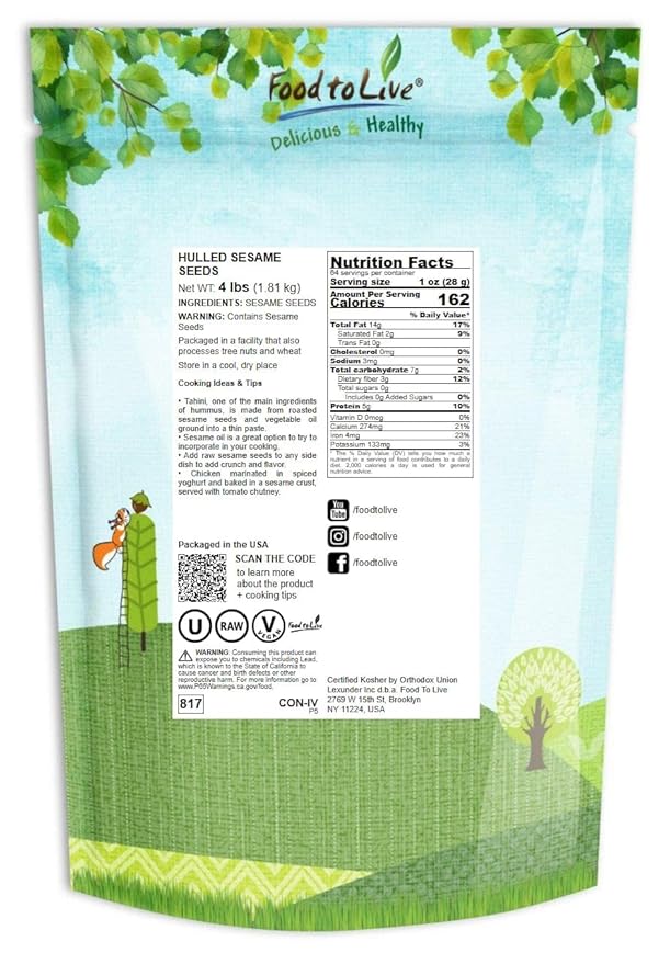 Food to Live - Hulled Sesame Seeds 4 Pounds Whole Raw White Sesame Seeds Kosher and Vegan Unroasted Bulk Sesame. High in Magnesium Iron and Calcium.