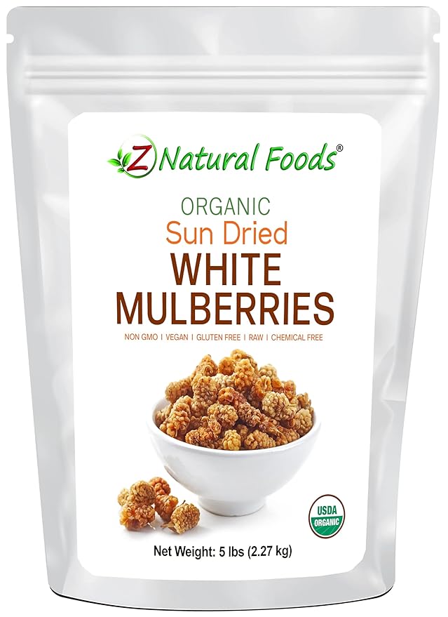 Organic White Mulberries - Sun Dried 100% Pure - No Sugar Added - Exotic All Natural Raisin Alternative - Superfood Fruit Snack for Trail Mix Smoothies Yogurt Cooking Baking - Bulk 5 lb Size