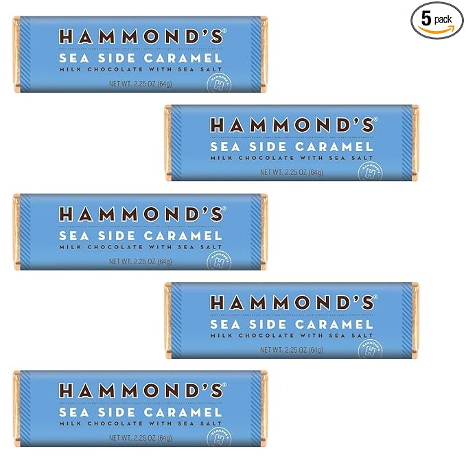 Hammond’s Candies Gourmet Chocolate Candy Bars – Natural Sea Side Caramel | Sweet Milk Chocolate Bar Salted Caramel Premium Ingredients Certified Kosher Handcrafted in the USA | Pack of 5