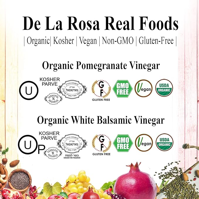 De La Rosa Organic Pomegranate and White Balsamic Vinegar Vegan Kosher Non-GMO &amp Gluten Free Great for Salad Dressings Marinades &amp More 8.45 Oz (Pack of 2)