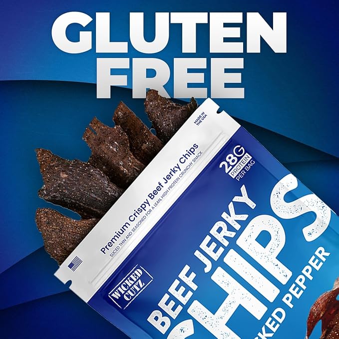 Wicked Cutz Cracked Pepper Beef Jerky Chips 28g Protein per Bag Crispy &amp Crunchy Beef Jerky Crisps USA Made Pepper Flavored Chips High Protein Carnivore Snacks (4 Bags)