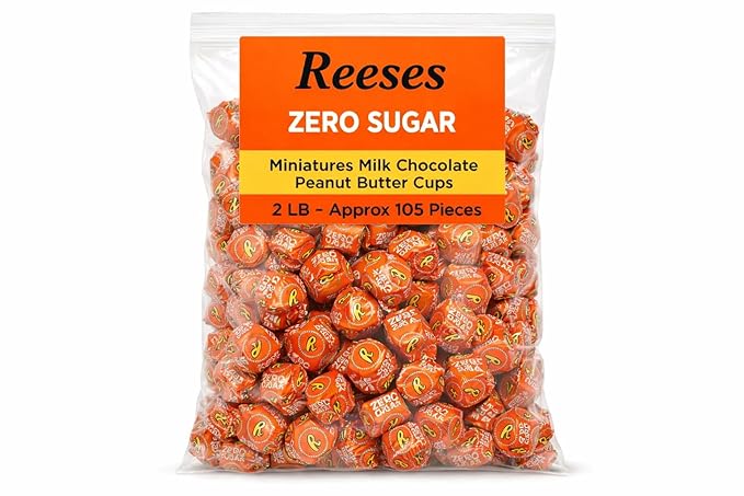 Zero Sugar Miniatures Chocolate Peanut Butter Cups - 2 lb Approx 105 Pieces Individually Wrapped Milk Chocolate Peanut Butter Candy - Sugar Free Chocolate Treats Holiday Favors &amp Party Desserts
