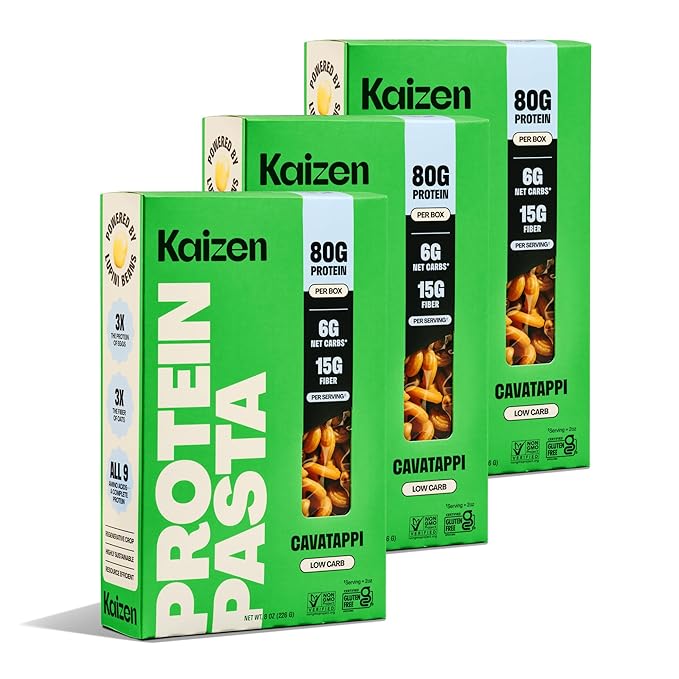 Kaizen Low Carb Keto Pasta Cavatappi - High Protein (20g) Gluten-Free Keto-Friendly (6g Net) Plant-Based Lupini Noodles made w/High Fiber Lupin Flour - 8 ounces (Pack of 3)