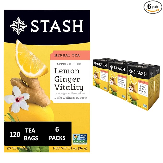 Stash Tea Lemon Ginger Vitality Herbal Tea - Naturally Caffeine Free Non-GMO Project Verified Premium Tea with No Artificial Ingredients 20 Count (Pack of 6) - 120 Bags Total