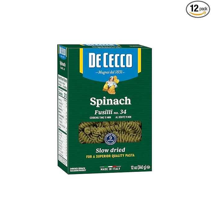 De Cecco Pasta Spinach Fusilli No.34 12 OZ (Pack of 12) - Made in Italy High in Protein &amp Iron Bronze die (VKP0034)