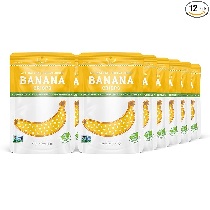 Nature’s Turn Freeze-Dried Banana Crisps – Healthy Gluten-Free Crispy &amp Delicious Plant-Based Snack Ideal for Cereal Smoothies School Lunches &amp On-the-Go Bags of 12 (0.53 oz Each)