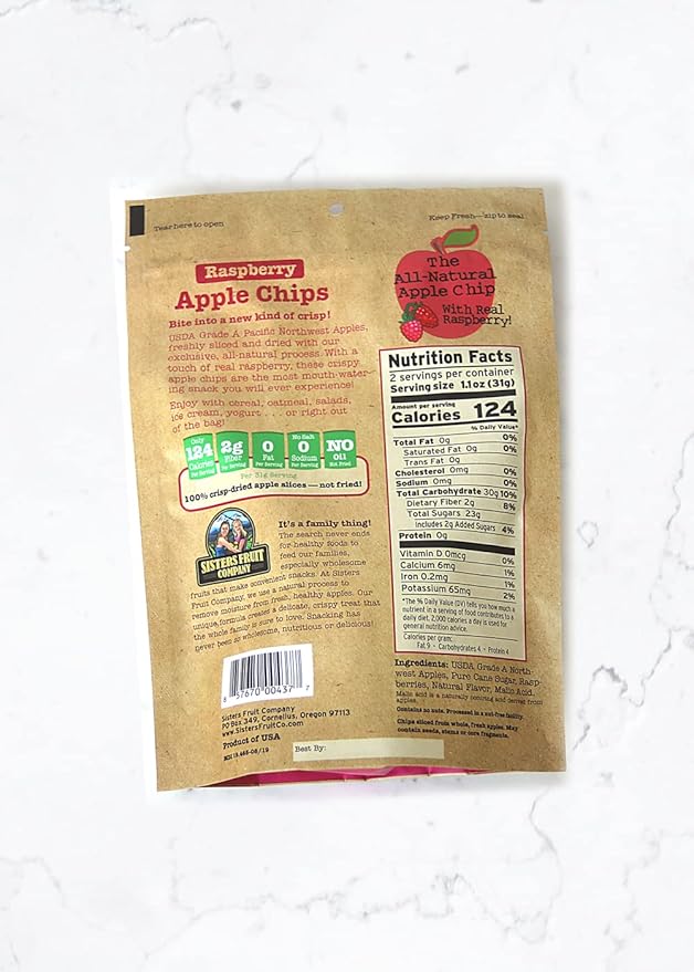 Sisters Fruit Company Raspberry Apple Chips All-Natural No Preservatives Fat-Free (Contains SIX 2.25 OZ. Bags)