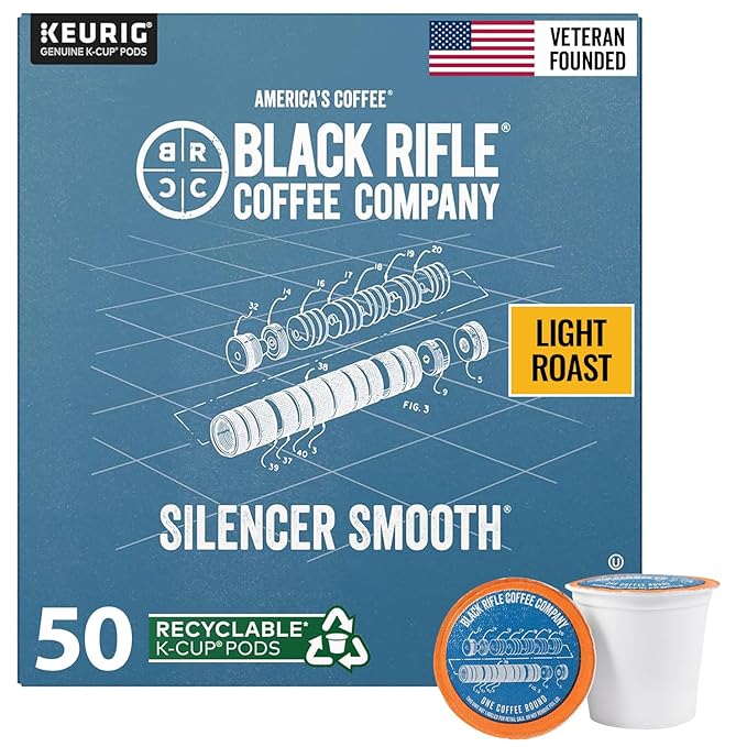 Black Rifle Coffee Company Silencer Smooth 50 Count Light Roast K Cups - Single Serve K Cups Coffee Pods - Kcup Pods Compatible with Keurig 1.0 &amp 2.0 - Made from Arabica Beans