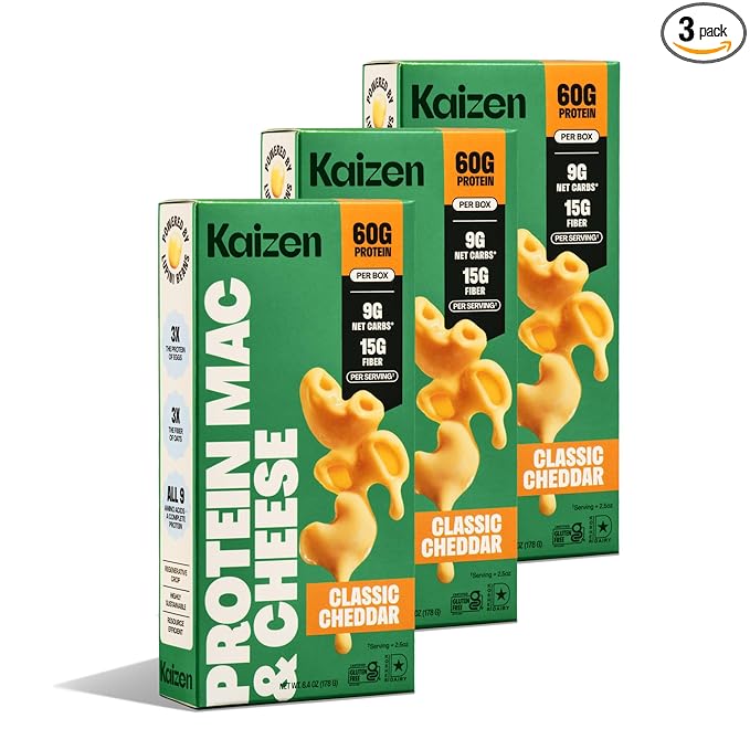 Kaizen High Protein Cheddar Mac &amp Cheese - Low Carb Keto Friendly High Fiber Gluten-Free Plant-Based Non-GMO - 6.4 Ounces (Pack of 3)