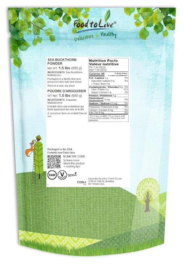 Food to Live Sea Buckthorn Juice Powder 1.5 Pounds - Made from Raw Dried Berries Unsulfured Vegan Bulk Great for Baking Juices Smoothies Yogurts and Instant Breakfast Drinks No Sulphites