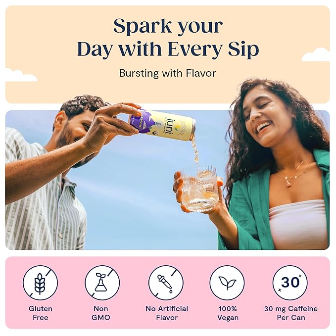 Juni Sparkling Adaptogen Drink with Ashwagandha Lion’s Mane &amp Reishi Mushrooms Green Tea for Focus Zero Sugar 5 Calories Organic Non Alcoholic Drinks - Lemon 12 pack