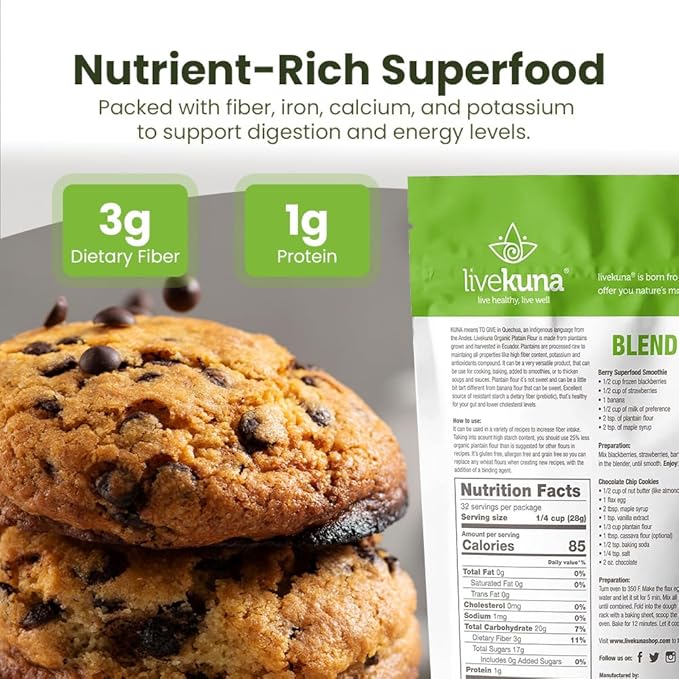 LiveKuna Organic Plantain Flour - Gluten Free All Purpose Flour Alternative For Baking &amp Cooking Recipes - Grain Free Vegan Plantain Flour Rich In Fiber &amp Vitamins for Keto &amp Paleo Diets