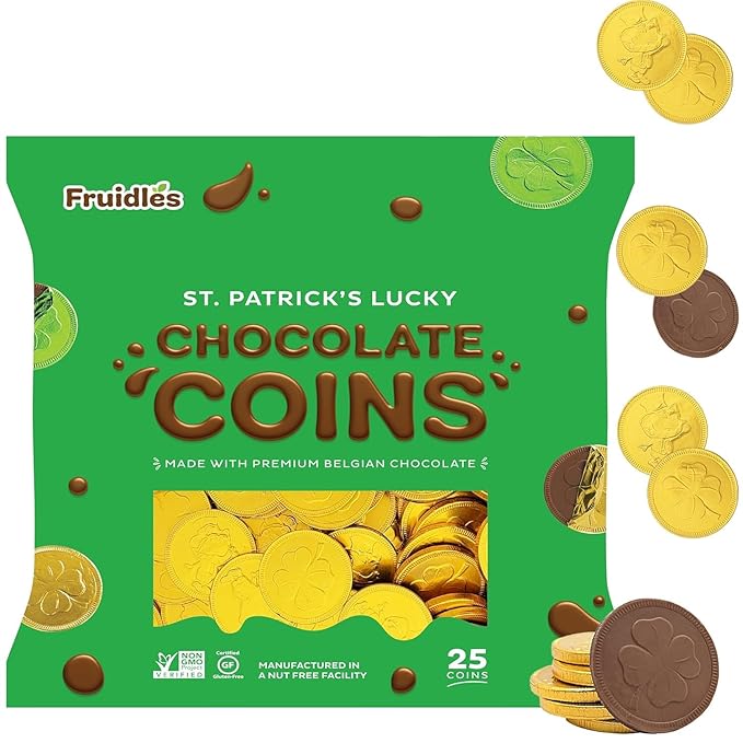 St. Patrick's Day 25 Chocolate Coins Gold Shamrock Coins Foils Belgian Milk Chocolate Clover Coins Resealable Bag Nut-Free (24 Bags)