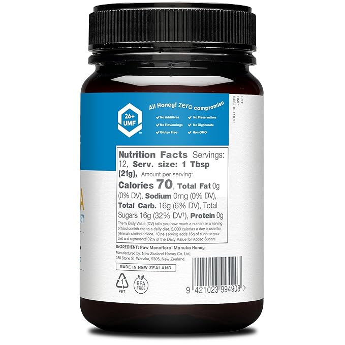 New Zealand Honey Co. Pure Manuka Honey | Manuka Honey UMF 26+ / MGO 1282+ | 17.6oz | 1.1 lb. (500g)