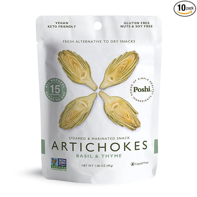 POSHI Artichoke Hearts with Basil and Thyme – Ready-to-Eat Snack Pack – Vegan Keto Low Carb Gluten Free Non-GMO (10 Pack 1.58 oz)